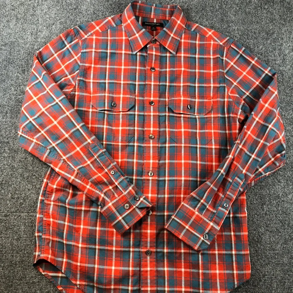 Banana Republic Men Flannel Shirt Size M Orange Blue Plaid Button Up Long Sleeve